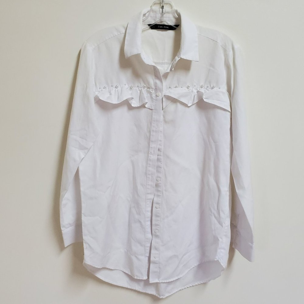 Zara Ruffle Blouse w/ Pearl Detail